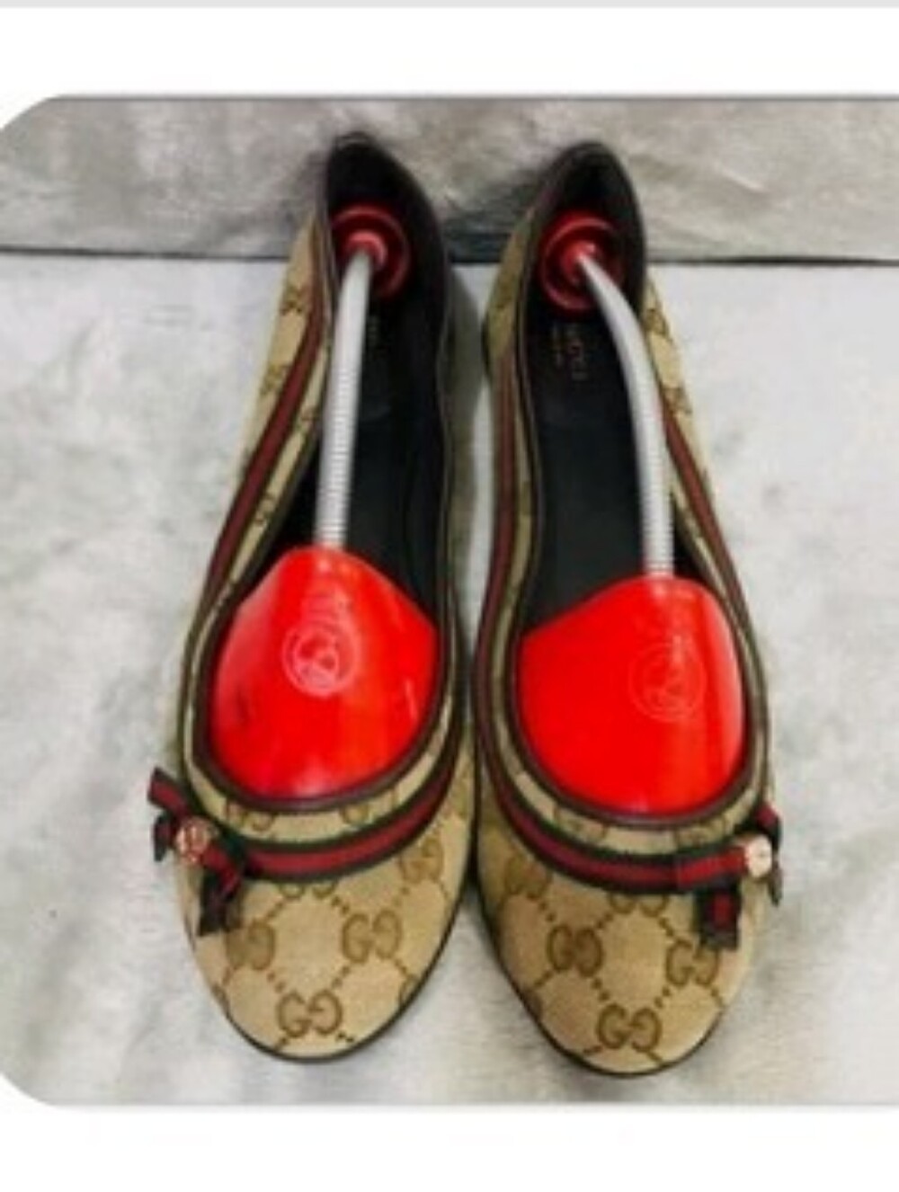 Gucci Beige Monogram Ballet Flat with Signature Web Ribbon